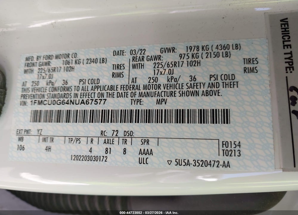 2022 FORD ESCAPE SE VIN: 1FMCU0G64NUA67577