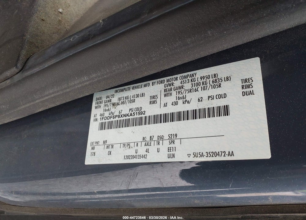 2022 FORD TRANSIT-350 CUTAWAY VIN: 1FDDF6P8XNKA51592