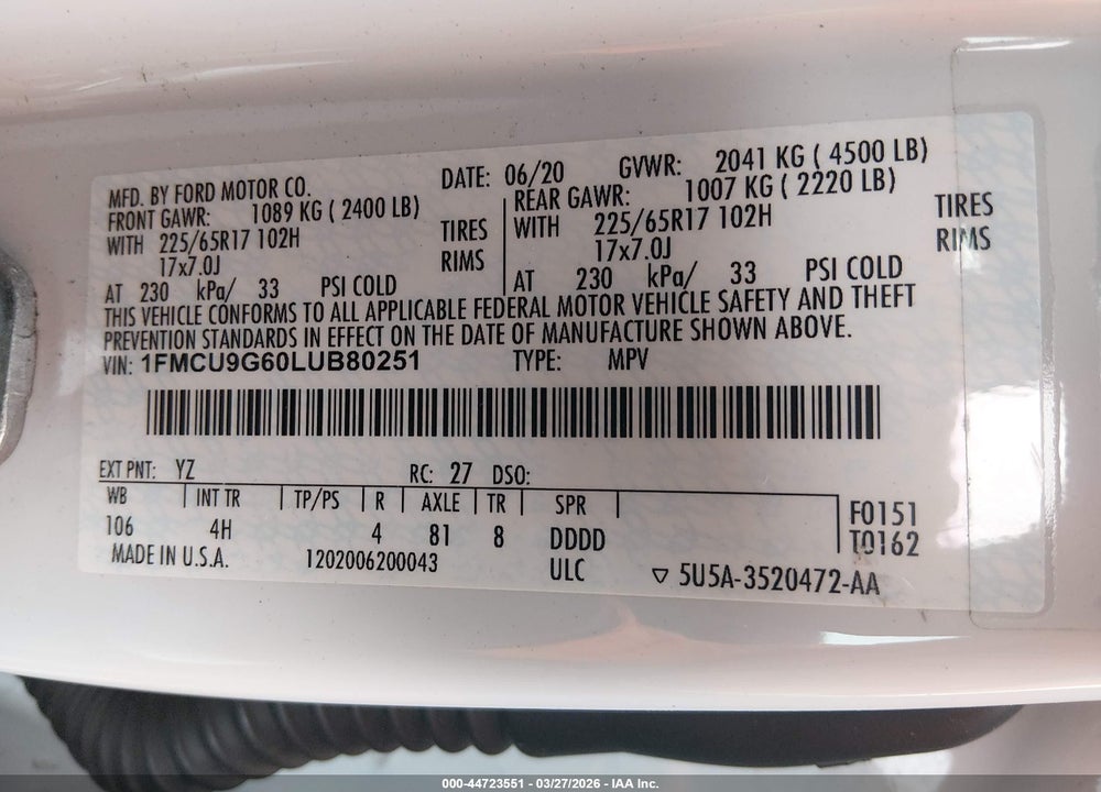 2020 FORD ESCAPE SE VIN: 1FMCU9G60LUB80251