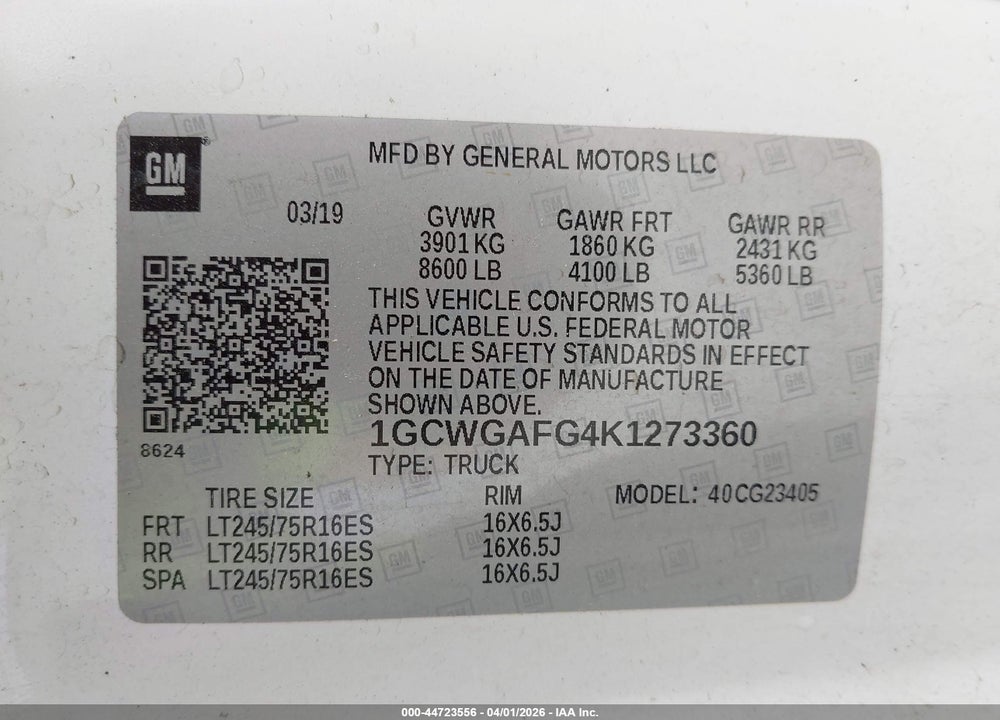 2019 CHEVROLET EXPRESS 2500 WORK VAN VIN: 1GCWGAFG4K1273360
