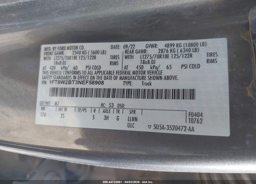 2022 FORD F-250 XLT VIN: 1FT8W2BT3NEF58908