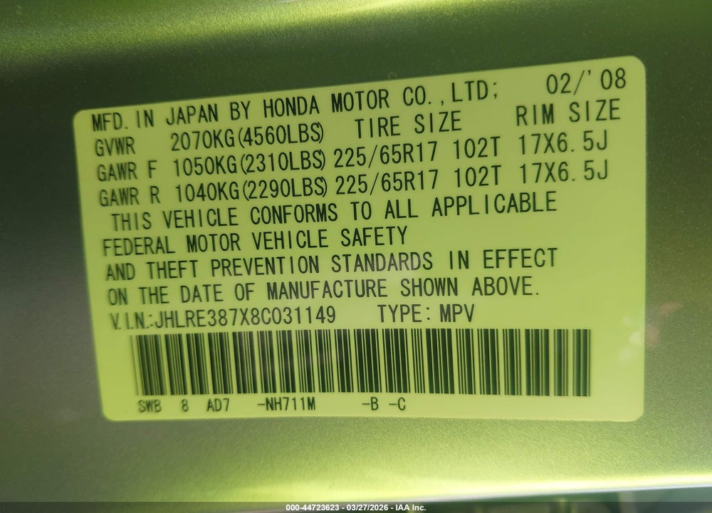 2008 HONDA CR-V EX-L VIN: JHLRE387X8C031149