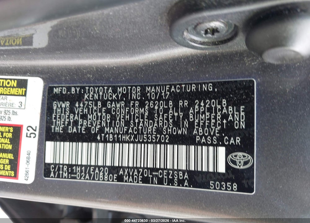 2018 TOYOTA CAMRY SE VIN: 4T1B11HKXJU535702