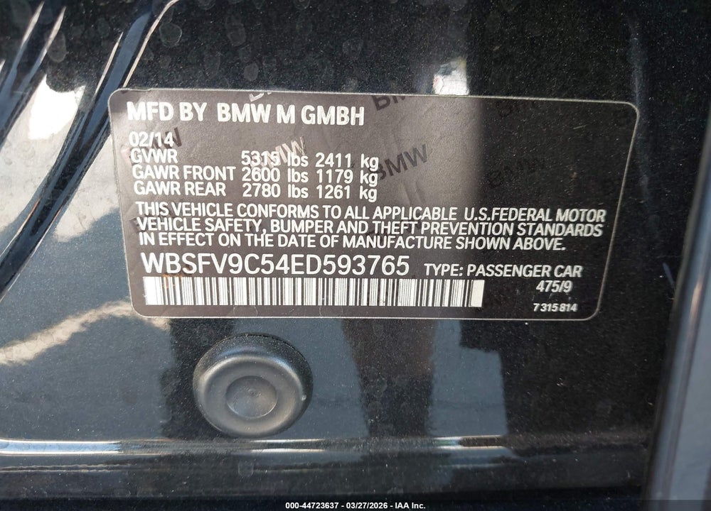 2014 BMW M5 VIN: WBSFV9C54ED593765