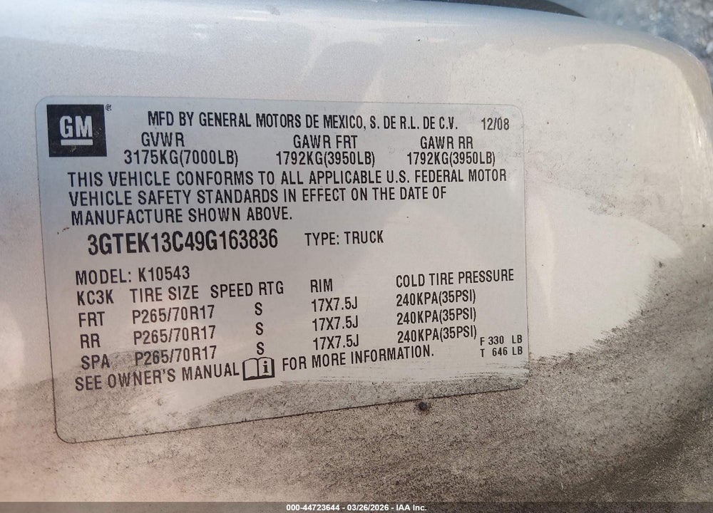 2009 GMC SIERRA 1500 SL VIN: 3GTEK13C49G163836