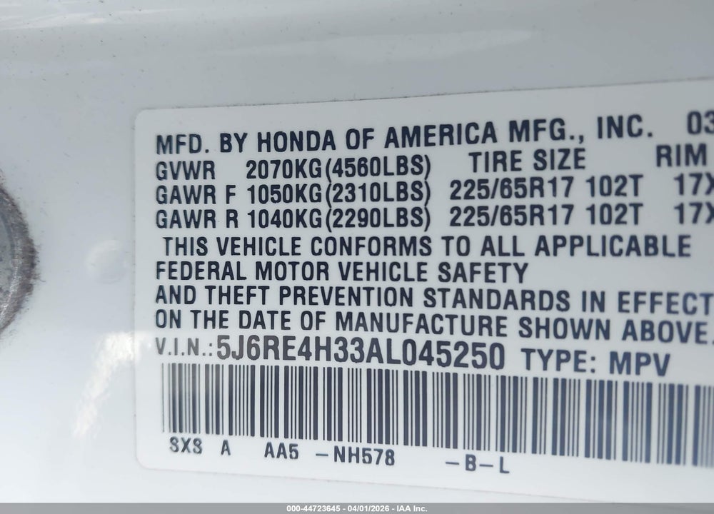 2010 HONDA CR-V LX VIN: 5J6RE4H33AL045250