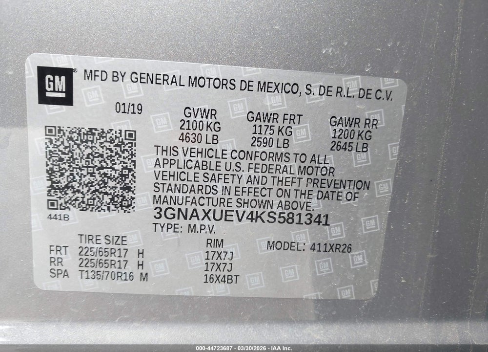 2019 CHEVROLET EQUINOX LT VIN: 3GNAXUEV4KS581341