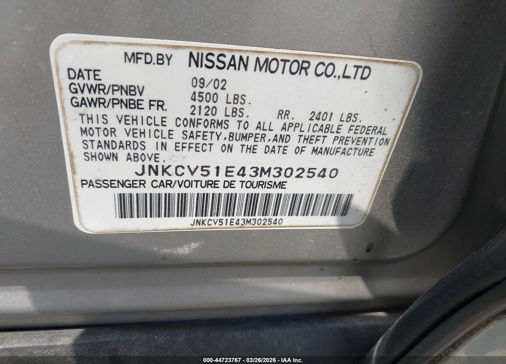 2003 INFINITI G35 LUXURY LEATHER VIN: JNKCV51E43M302540