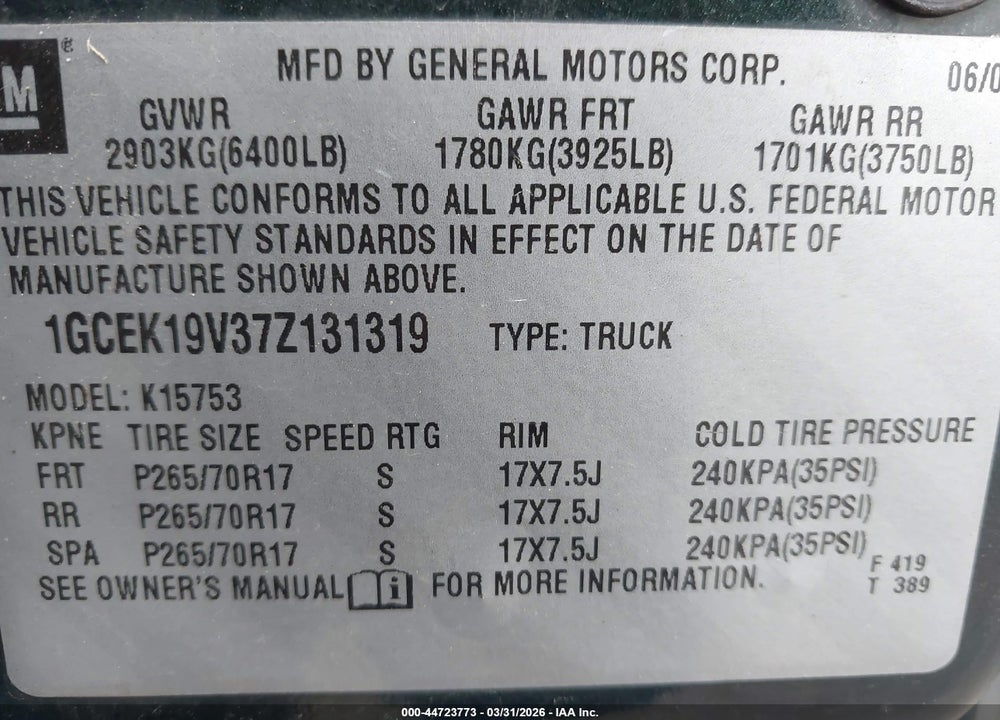2007 CHEVROLET SILVERADO 1500 CLASSIC WORK TRUCK VIN: 1GCEK19V37Z131319