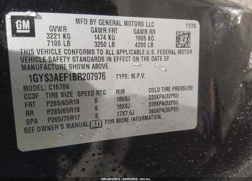 2011 CADILLAC ESCALADE STANDARD VIN: 1GYS3AEF1BR207976