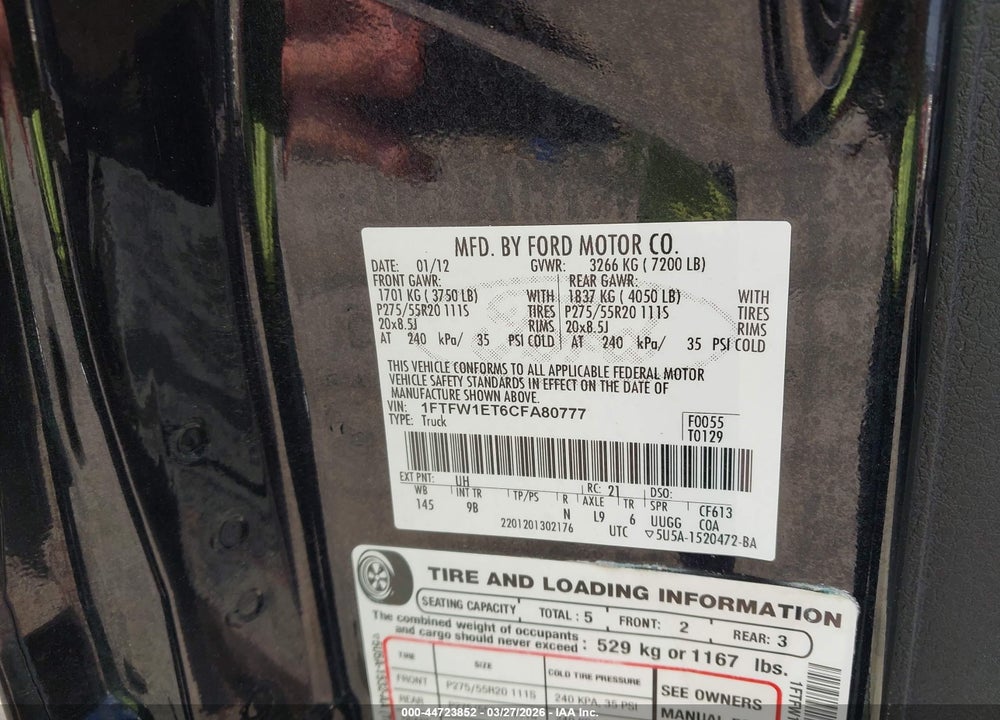 2012 FORD F-150 PLATINUM VIN: 1FTFW1ET6CFA80777