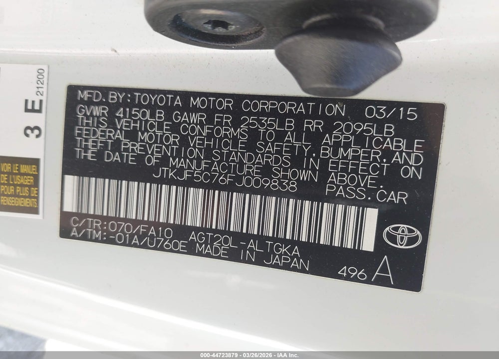 2015 SCION TC VIN: JTKJF5C76FJ009838
