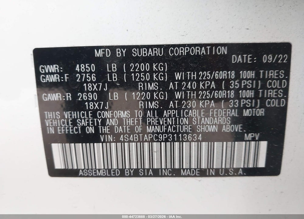 2023 SUBARU OUTBACK TOURING VIN: 4S4BTAPC9P3113634