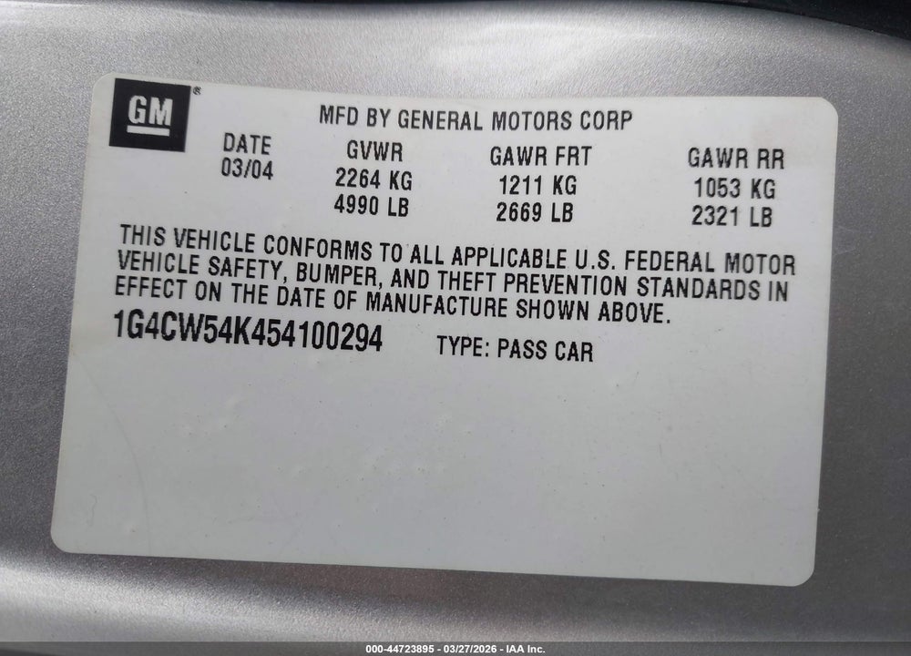 2005 BUICK PARK AVENUE VIN: 1G4CW54K454100294