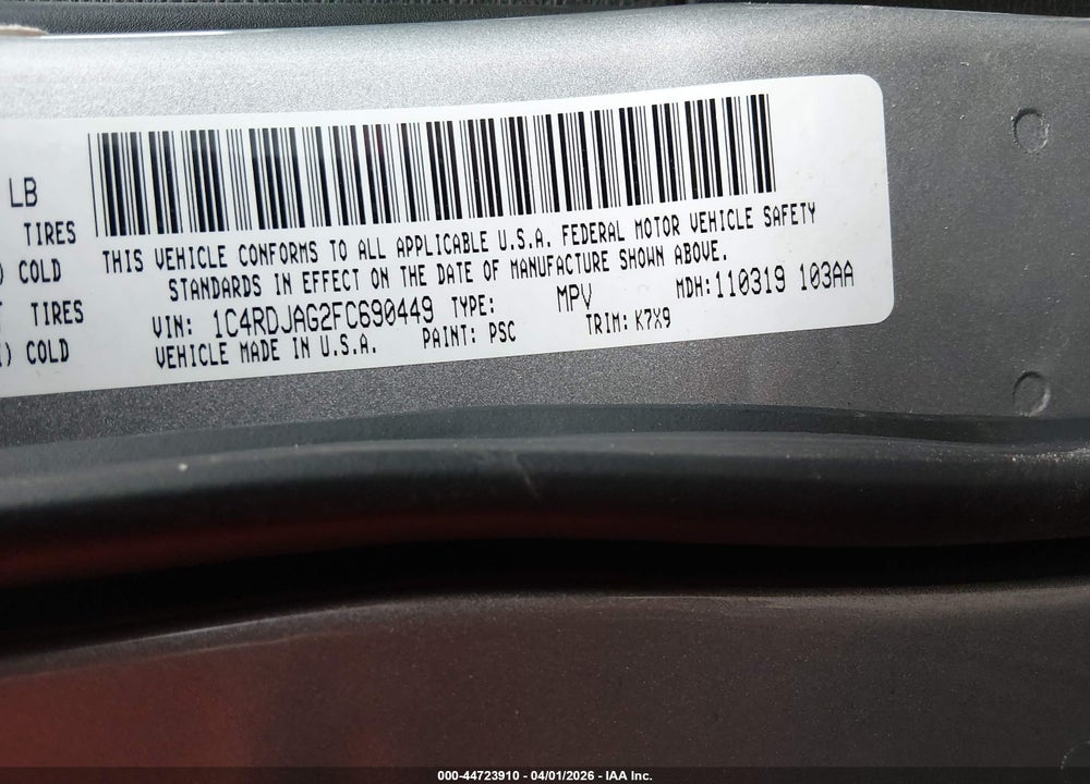 2015 DODGE DURANGO SXT VIN: 1C4RDJAG2FC690449