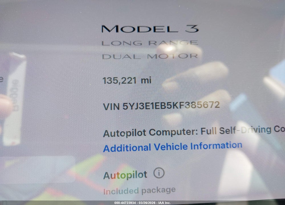 2019 TESLA MODEL 3 LONG RANGE/PERFORMANCE VIN: 5YJ3E1EB5KF385672