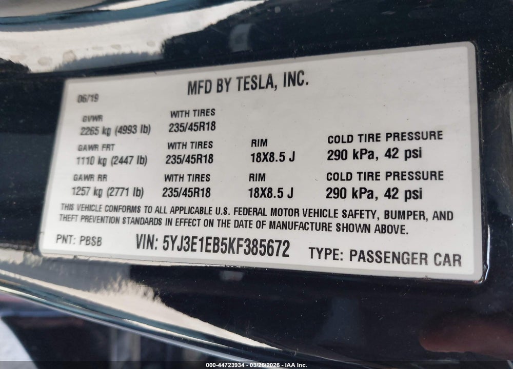 2019 TESLA MODEL 3 LONG RANGE/PERFORMANCE VIN: 5YJ3E1EB5KF385672