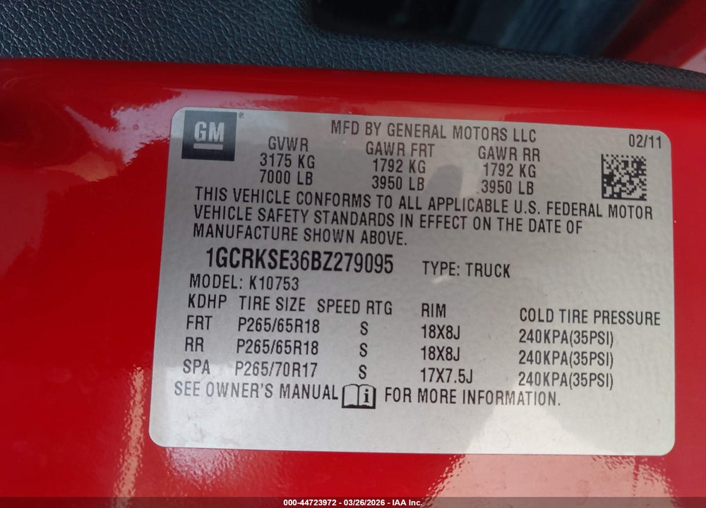 2011 CHEVROLET SILVERADO 1500 LT VIN: 1GCRKSE36BZ279095