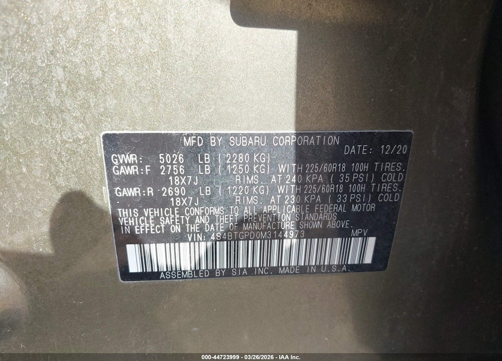 2021 SUBARU OUTBACK TOURING XT VIN: 4S4BTGPD0M3144973