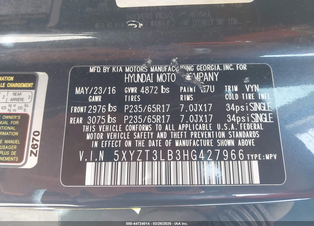 2017 HYUNDAI SANTA FE SPORT 2.4L VIN: 5XYZT3LB3HG427966