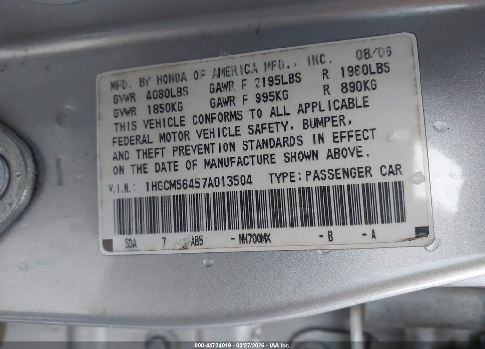 2007 HONDA ACCORD 2.4 LX VIN: 1HGCM56457A013504