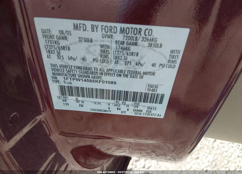 2005 FORD F-150 FX4/LARIAT/XLT VIN: 1FTPW14585KF01089