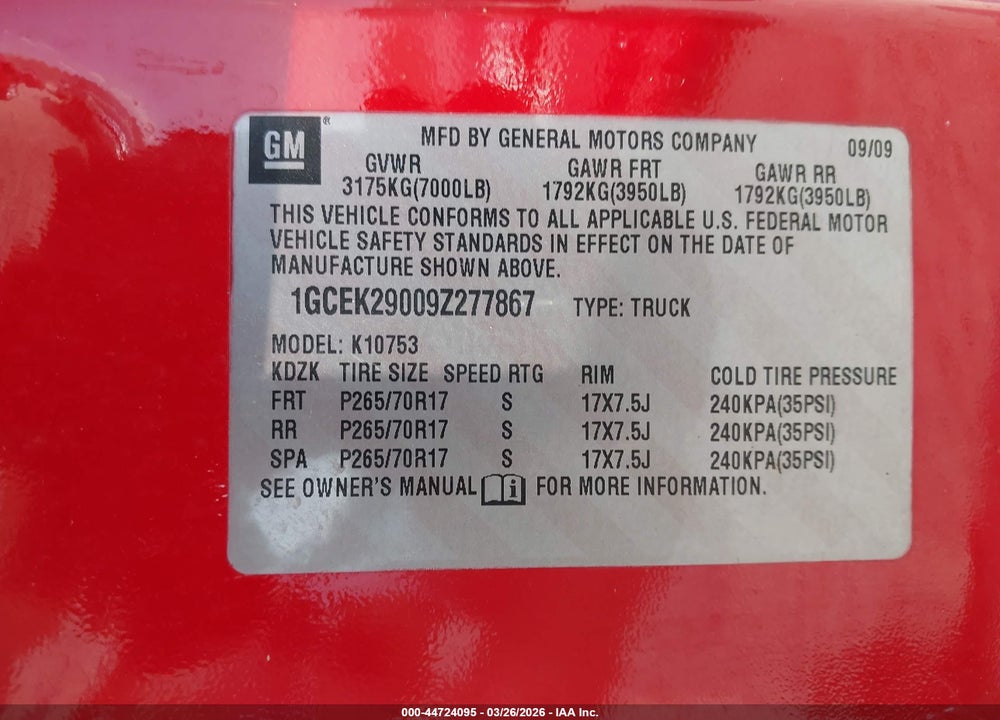 2009 CHEVROLET SILVERADO 1500 LT VIN: 1GCEK29009Z277867