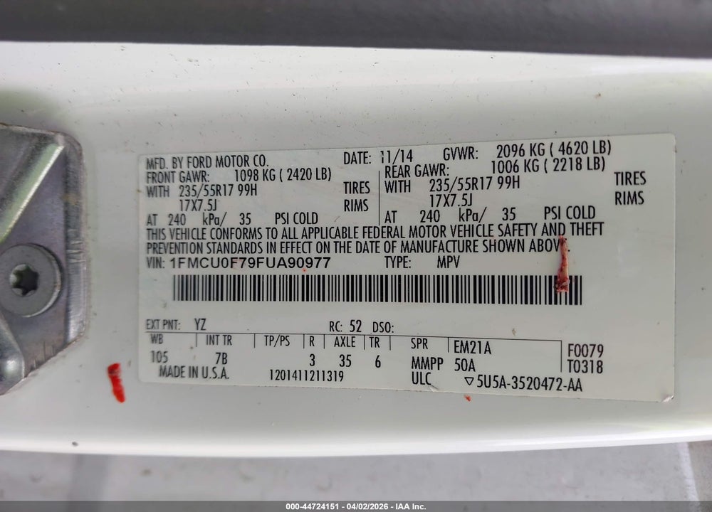 2015 FORD ESCAPE S VIN: 1FMCU0F79FUA90977