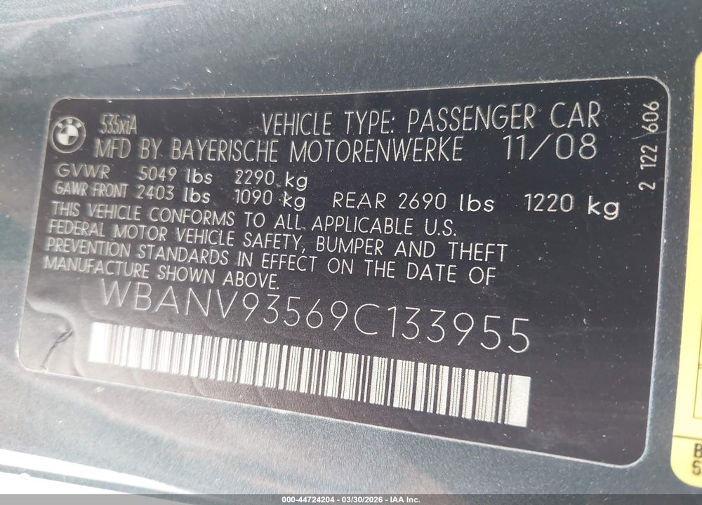 2009 BMW 535I XDRIVE VIN: WBANV93569C133955