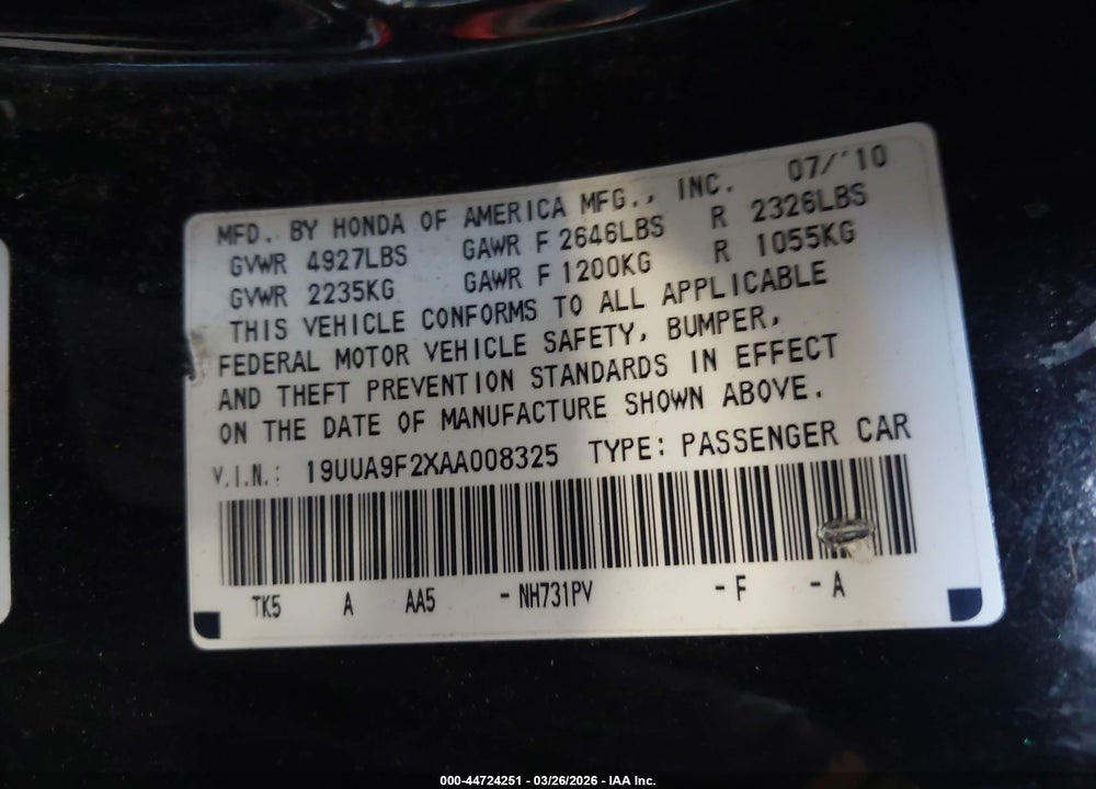 2010 ACURA TL 3.7 VIN: 19UUA9F2XAA008325