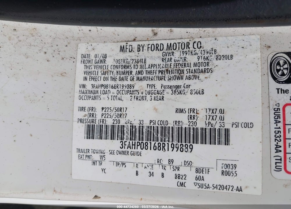 2008 FORD FUSION SEL VIN: 3FAHP08168R199889
