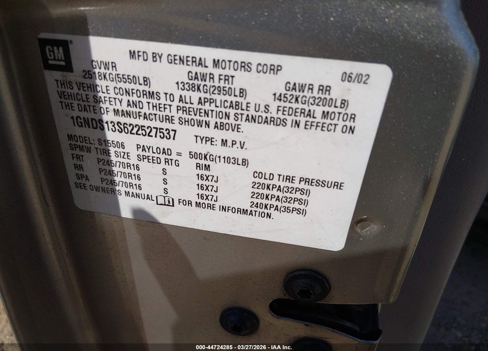 2002 CHEVROLET TRAILBLAZER LS VIN: 1GNDS13S622527537