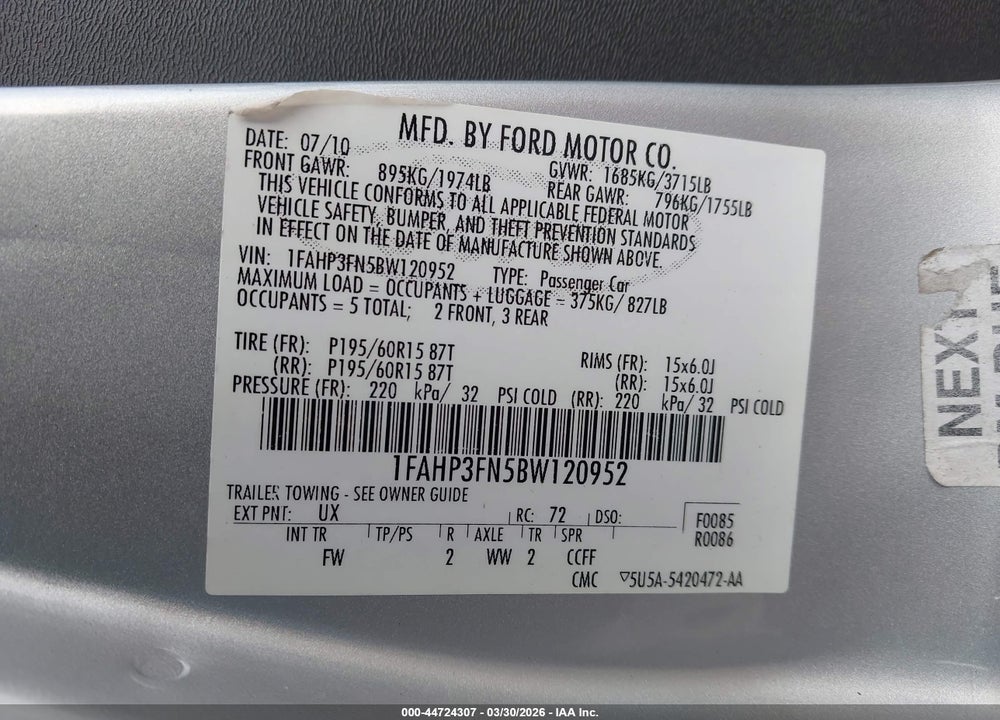 2011 FORD FOCUS SE VIN: 1FAHP3FN5BW120952