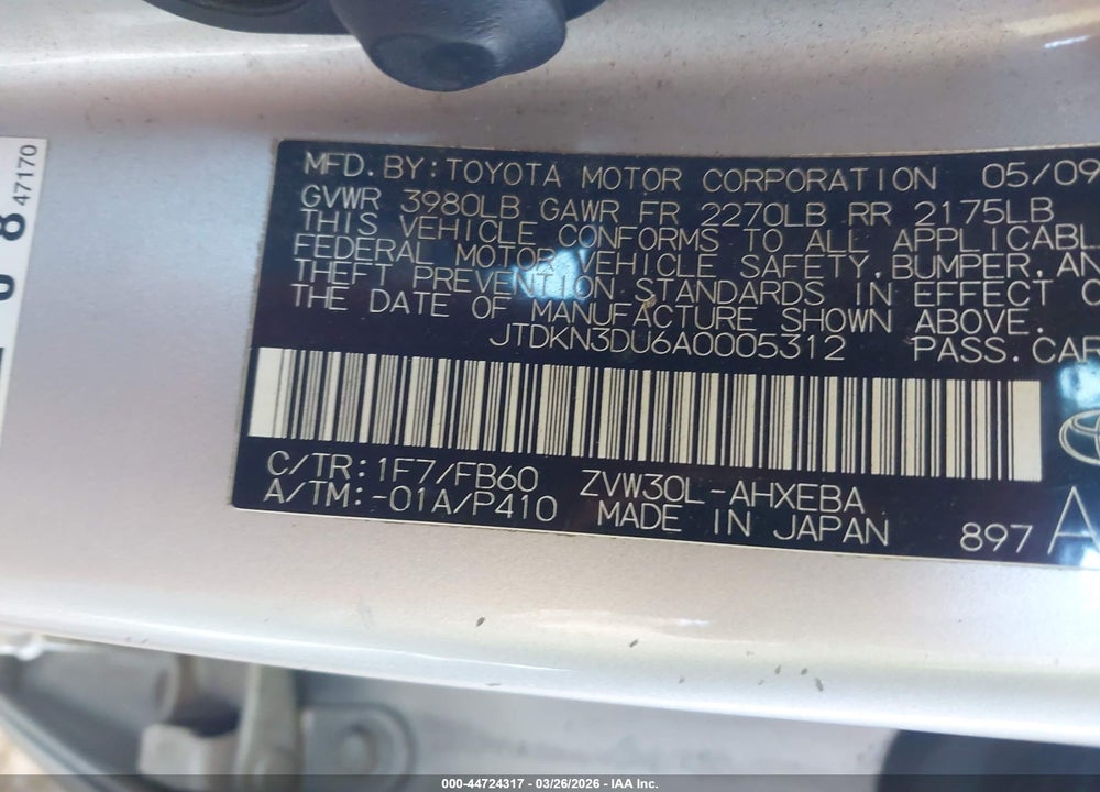 2010 TOYOTA PRIUS II VIN: JTDKN3DU6A0005312
