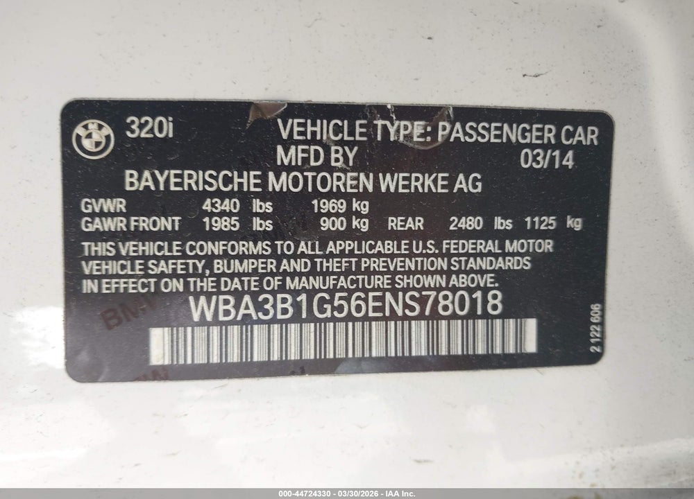 2014 BMW 320I VIN: WBA3B1G56ENS78018