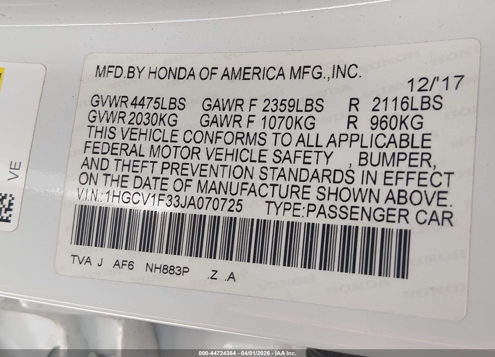 2018 HONDA ACCORD SPORT VIN: 1HGCV1F33JA070725