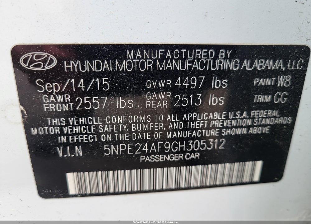 2016 HYUNDAI SONATA VIN: 5NPE24AF9GH305312