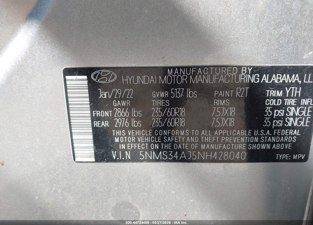 2022 HYUNDAI SANTA FE SEL VIN: 5NMS34AJ5NH428040