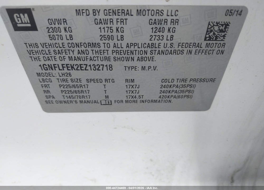 2014 CHEVROLET EQUINOX 1LT VIN: 1GNFLFEK2EZ132718