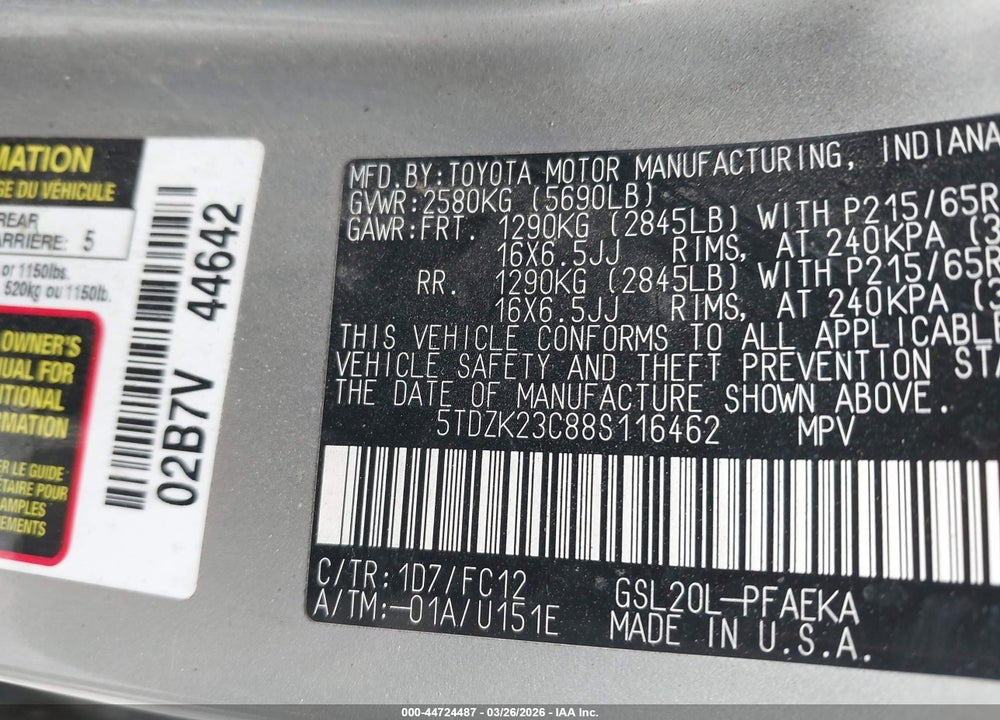 2008 TOYOTA SIENNA LE VIN: 5TDZK23C88S116462