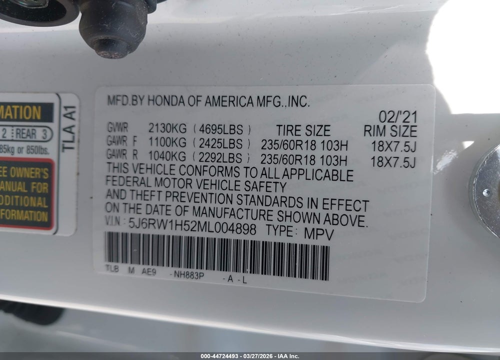 2021 HONDA CR-V 2WD EX VIN: 5J6RW1H52ML004898