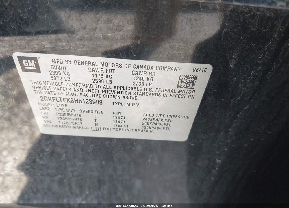 2017 GMC TERRAIN SLE-2 VIN: 2GKFLTEK3H6123909
