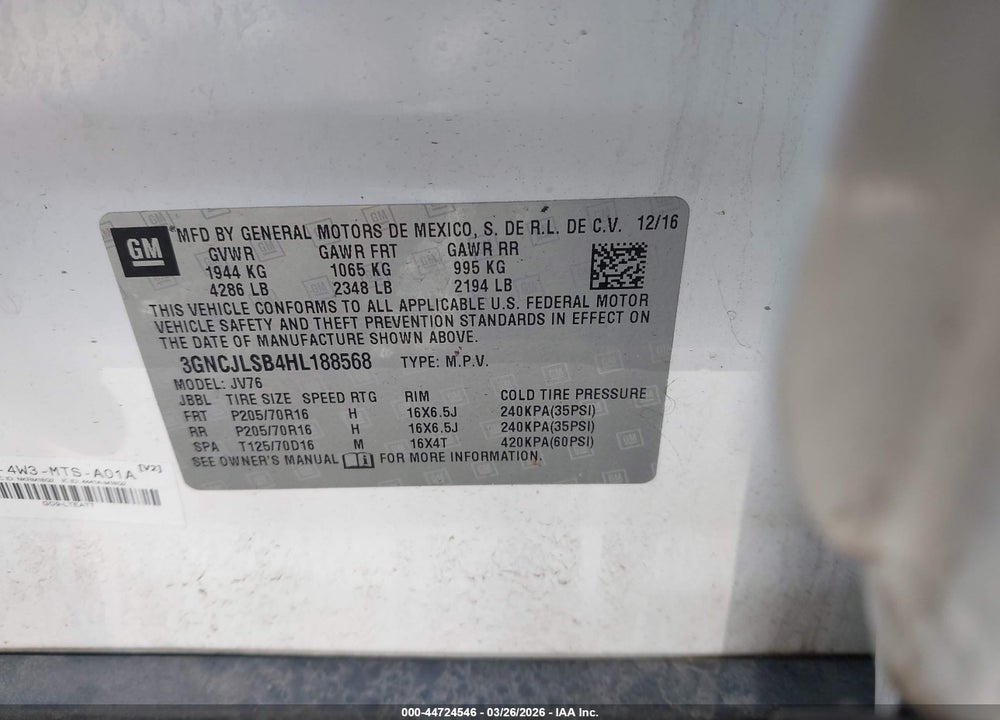 2017 CHEVROLET TRAX LT VIN: 3GNCJLSB4HL188568