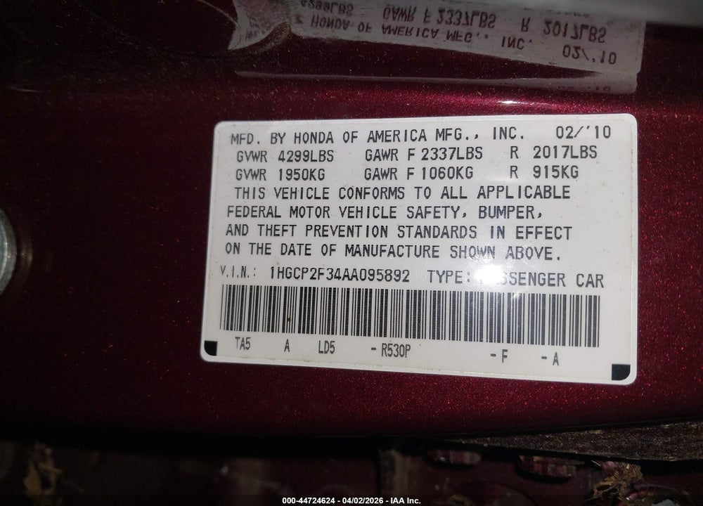 2010 HONDA ACCORD 2.4 LX VIN: 1HGCP2F34AA095892