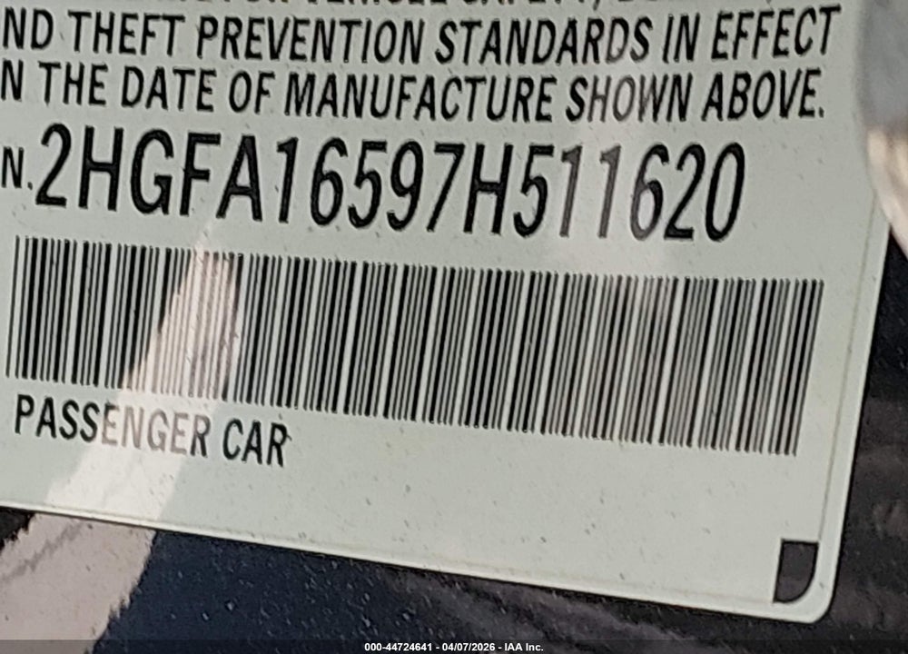 2007 HONDA CIVIC LX VIN: 2HGFA16597H511620