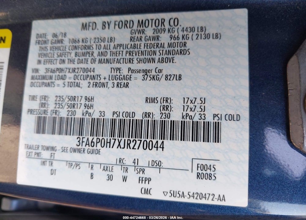 2018 FORD FUSION SE VIN: 3FA6P0H7XJR270044