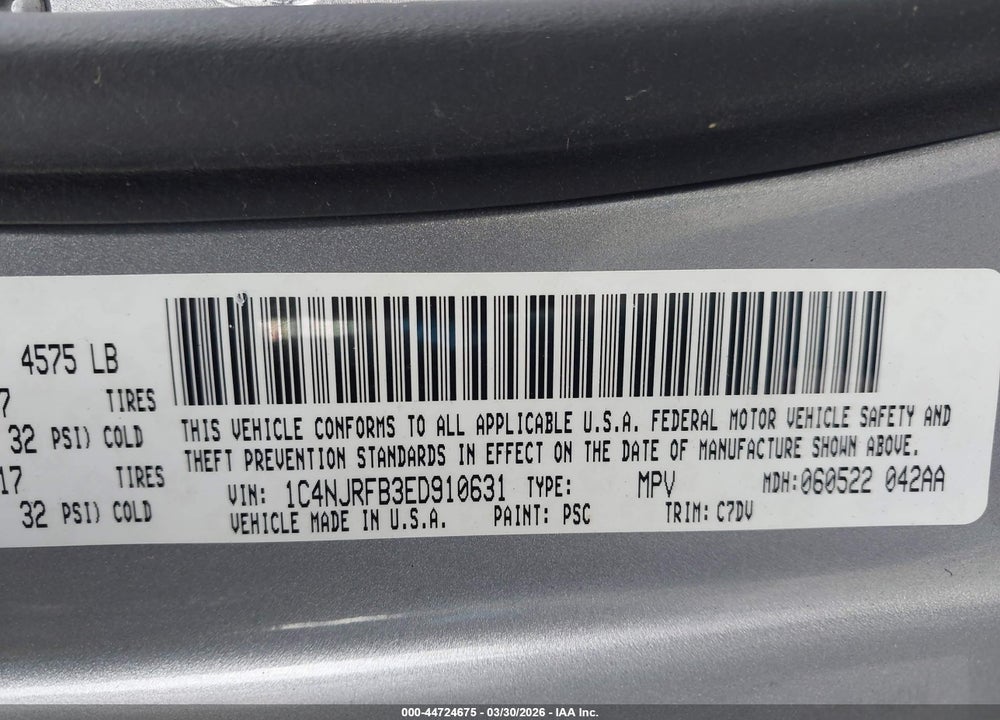 2014 JEEP PATRIOT LATITUDE VIN: 1C4NJRFB3ED910631