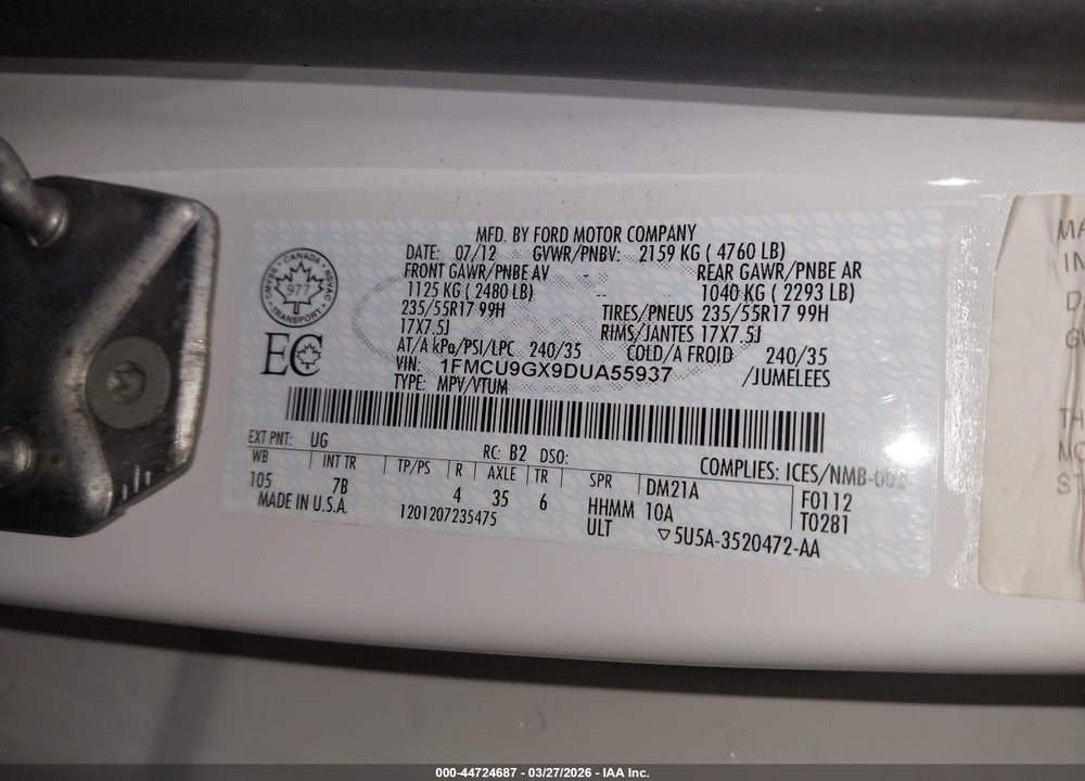2013 FORD ESCAPE SE VIN: 1FMCU9GX9DUA55937