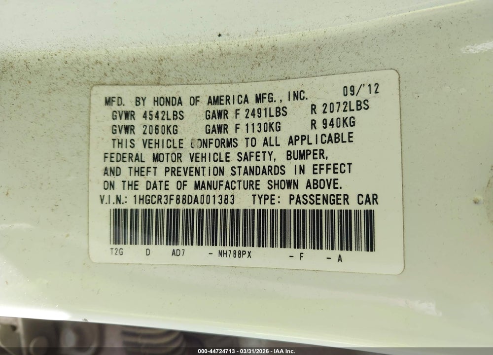 2013 HONDA ACCORD EX-L V-6 VIN: 1HGCR3F88DA001383