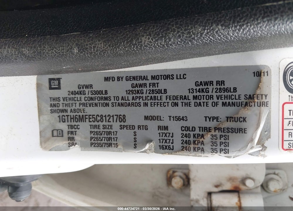 2012 GMC CANYON SLE1 VIN: 1GTH6MFE5C8121768
